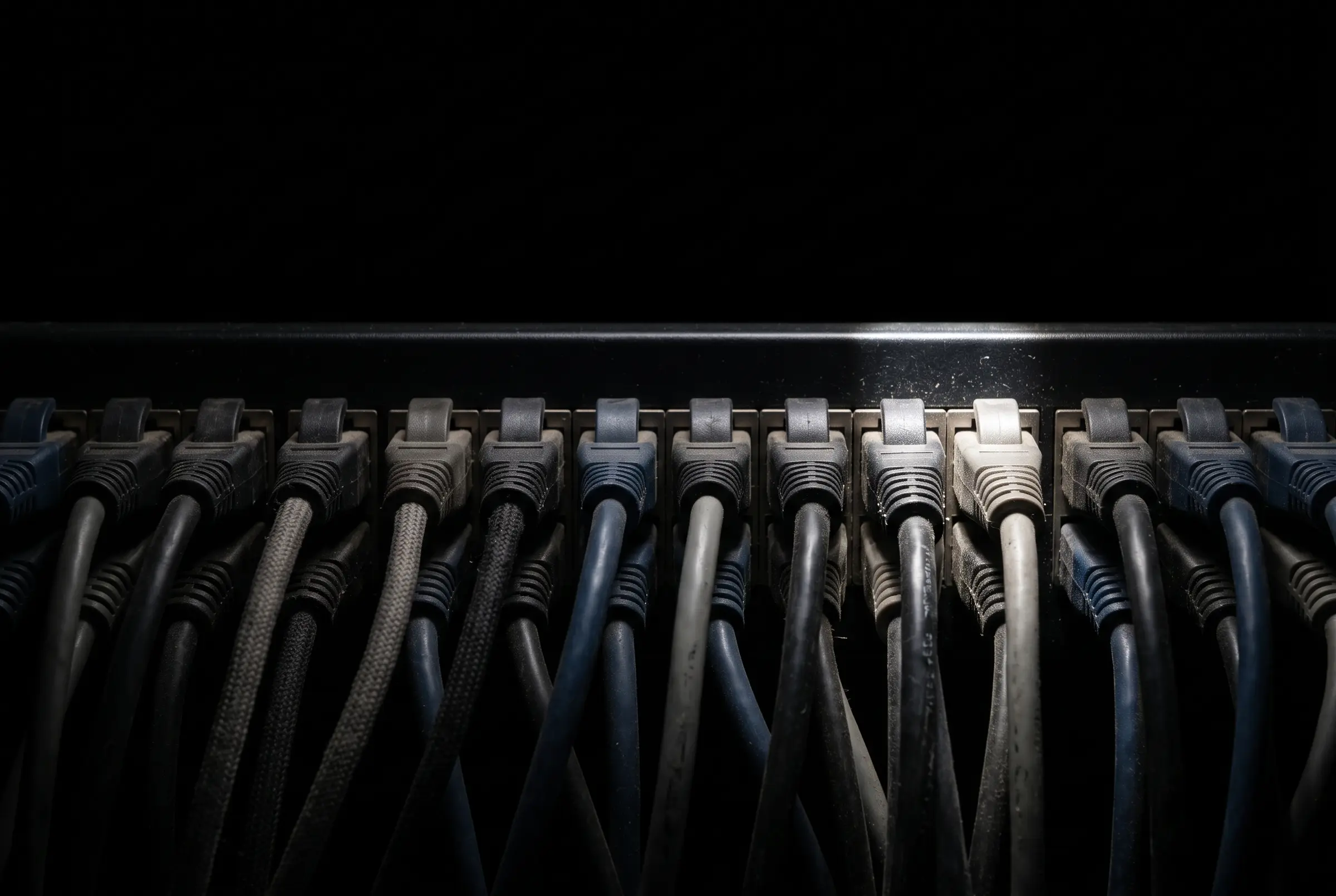 A dense bank of patch cables entering a panel, lit from one side, the rest falling to black.