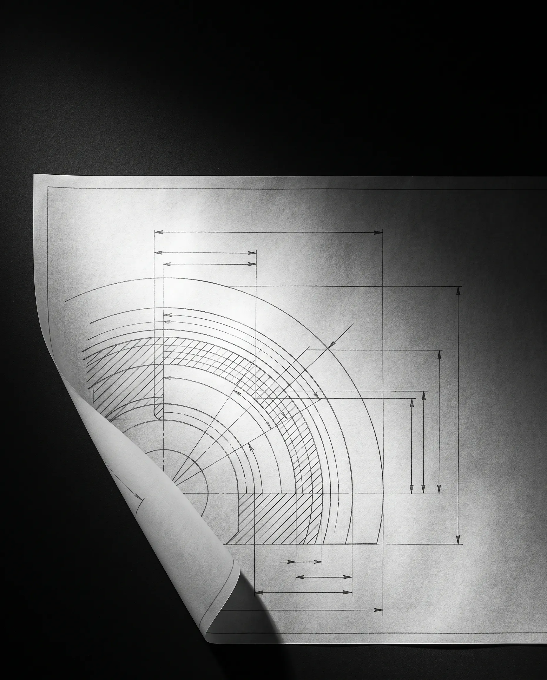 A technical drawing on tracing paper with one corner rolled back, lit from one side, carrying arcs, hatching and dimension lines.